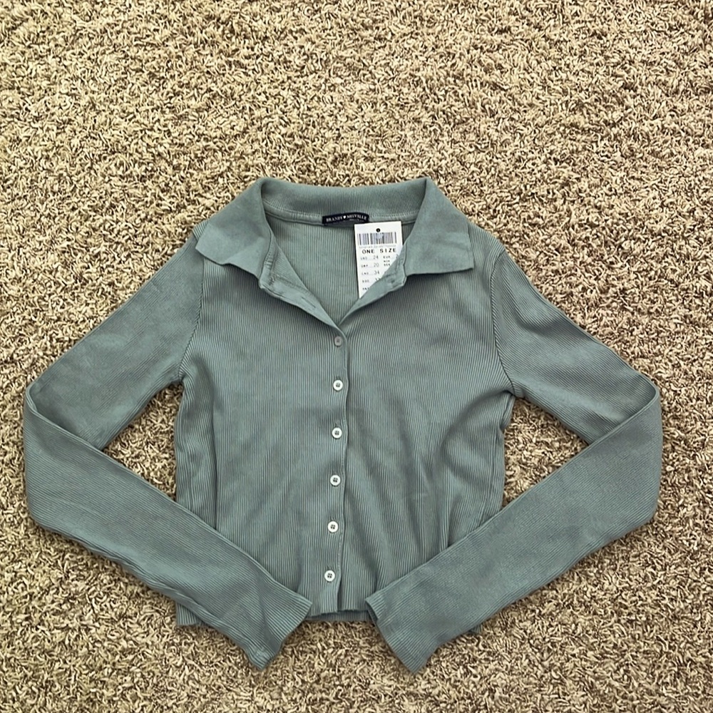 Brandy Melville Sage Green Ribbed Long Sleeve Polo